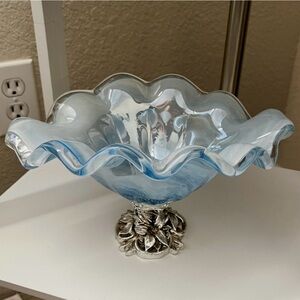 Vintage Italian Murano Cristal Pedestal Bowl 10” Milky Blue White Scalloped Edge